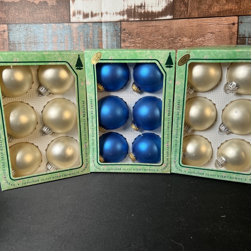 VINTAGE 1993 - 3 Boxes‎ 27 Total Blue & Silver Glass Christmas Ornaments - KREBS